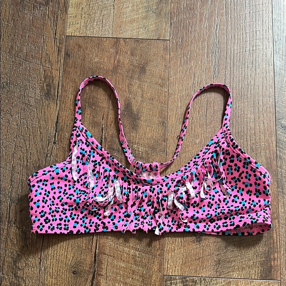 Pink Leopard Print Ruffle Bikini Top